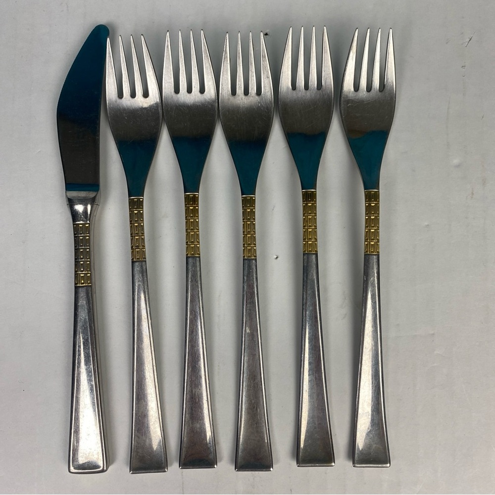 Vintage Silverware Set of 6 Salad Fork Butter Knife Silver Tone Gold Accent